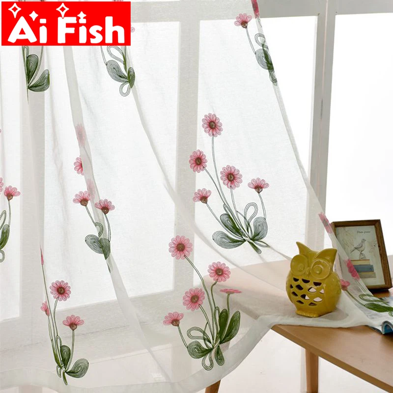 Pink Daisy Embroidery Window Tulle Curtains For Living Room Pastoral