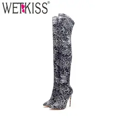 WETKISS/пикантные женские сапоги на высоком каблуке зимние стрейч Leopard Bootie женские балетки с острым носом ботфорты 2018 теплая обувь