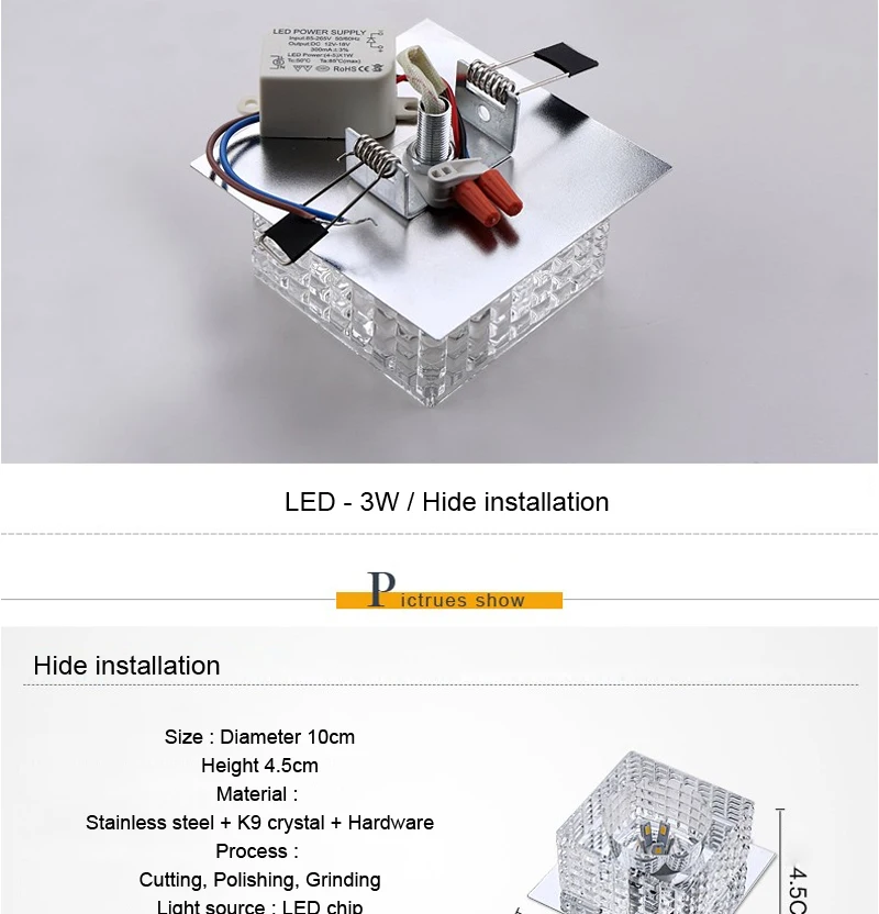 Теплый белый/холодный белый/RGB прозрачный кристалл светодиодные потолочные светильники 3 Вт/5 Вт 110 В/220 В утопленный проходной крыльцо прихожей лестницы лампы квадратной формы