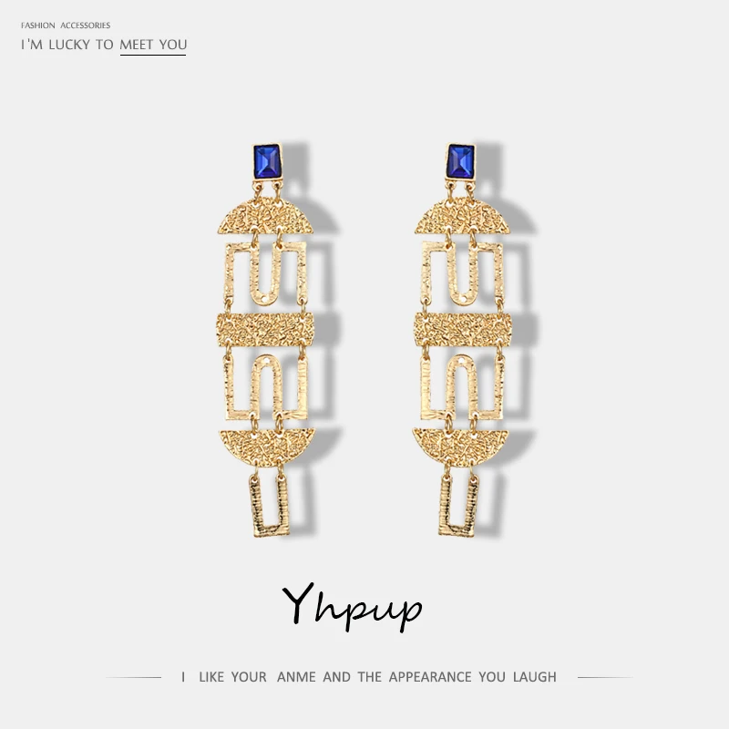 

Yhpup Trendy Crystal Golden Metal Hollow Dangle Earrings Ethnic Long Exaggerated Earrings For Woman Pendientes Mujer Moda 2018