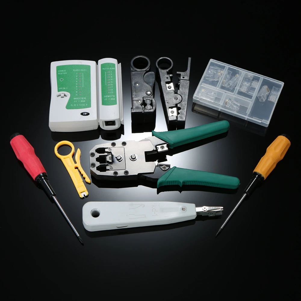 

9-in-1 Network Computer Maintenance hand Tools Kit Cable Tester Crimper + Wire Stripper + Screwdriver + Crystal Cable Connectors