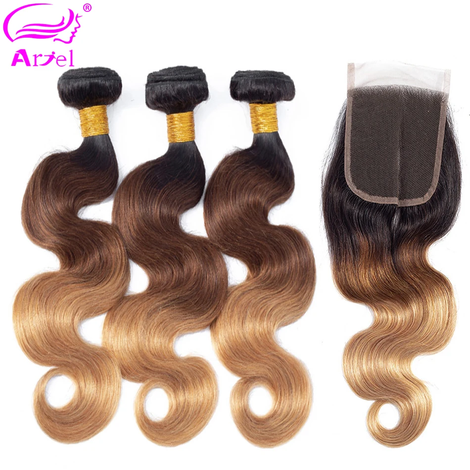 

ARIEL Ombre 1B 4 27 Brazilian 3 Bundles With Closure Colored Body Wave Remy Blonde Hair Weave Human Hair Bundles With Closure