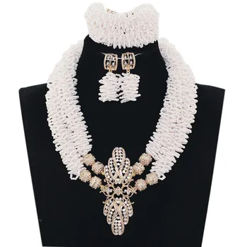 

African White Beads Jewelry Set Chunky Crystal Bib Statement Necklace Set Nigerian Wedding Gifts 2017 Free Shipping JB063