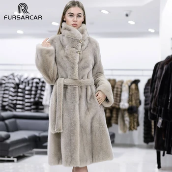 

FURSARCAR 2019 New Natural Real Mink Fur Women High Street Regular Long Genuine Mink Fur Female Coat