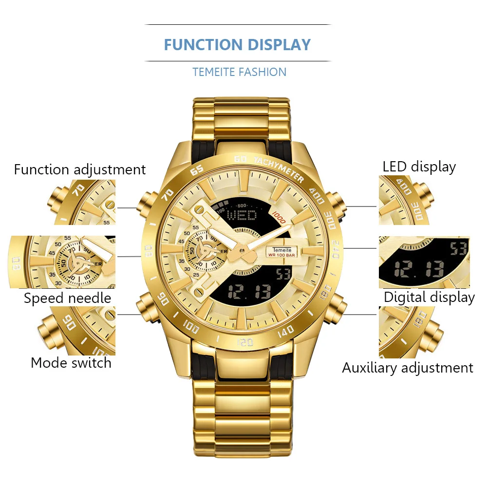 Temeite Brand Gold Mens Watches Sport Watch Men LED Dual Display Wristwatch Male Water Resistant Luminous Relogio Masculino