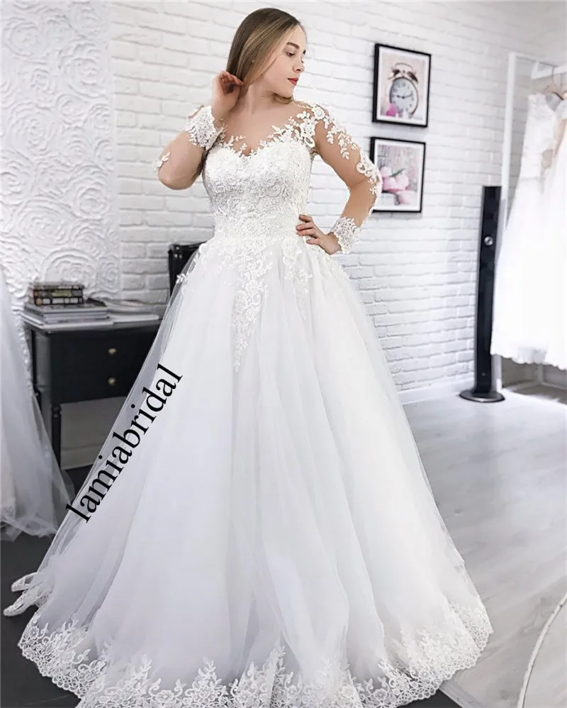 

Modest Plus Size Long Sleeves Wedding Dresses 2019 A Line Vintage Lace Sequined Beaded Cheap White Vestido De Novia Bridal Gowns