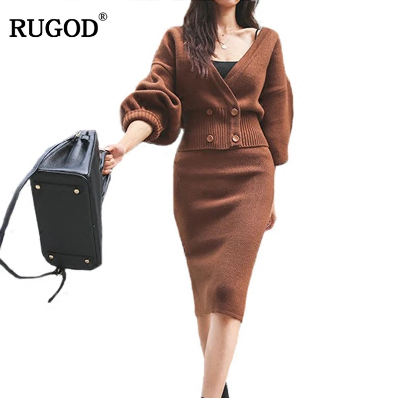 

RUGOD Office Lady Solid Two Piece Set Women Sets V-Neck Short Cardigans Sets knee-Length Skirt ensemble femme 2 pieces pantalon