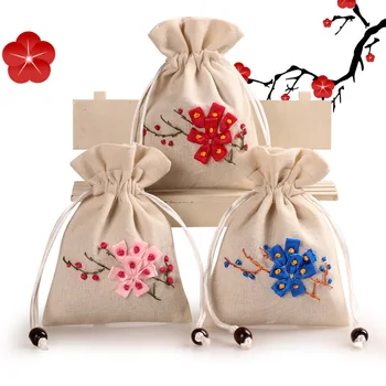 安い 1 ピース (11*15 センチ) 5 色プリント刺繍巾着黄麻布ギフトバッグ結婚式誕生日パーティーギフトジュエリー包装用品バッグ