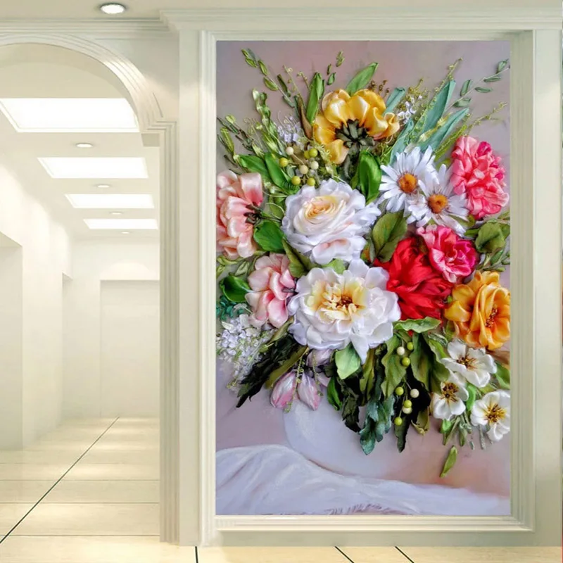 

Photo Wallpaper 3D Stereo Flowers Vase Oil Painting Murals Living Room Hotel Entrance Background Wall Cloth Papel De Parede 3 D