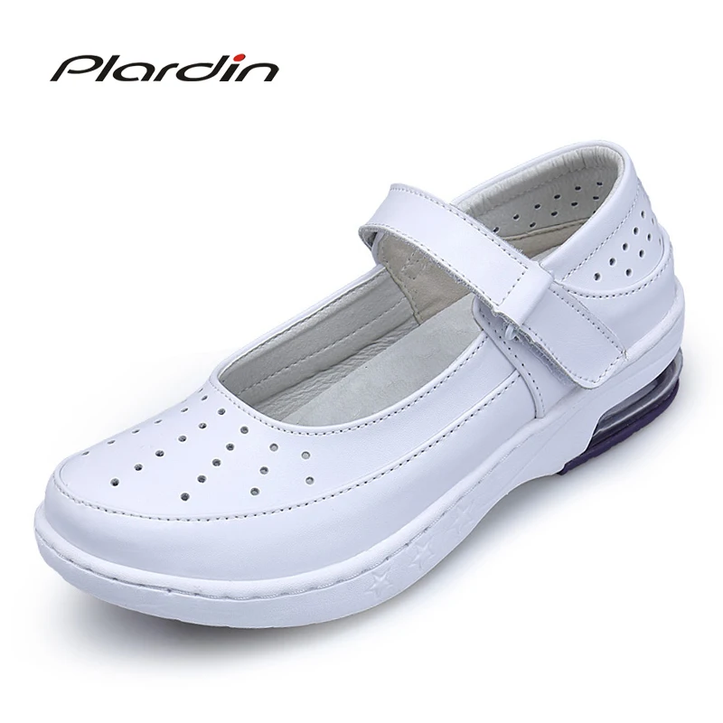 

New Woman Buckle Strap Nurse Shoes Women Platform Soft Comfortable Air Cushion Casual Genuine Leather Cutouts Antiskid Shoes