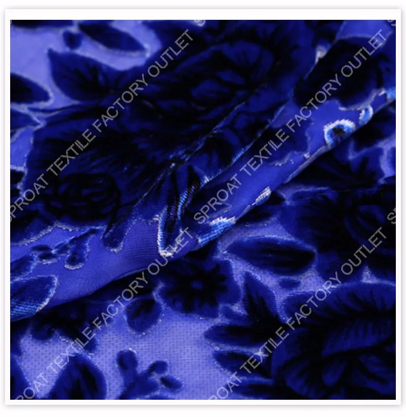 Синяя Цветочная выгорающая Ткань для шитья, вискозная шелковая бархатная ткань для платья 8 мм, Флокированная шелковая ткань, ткань, SP3748