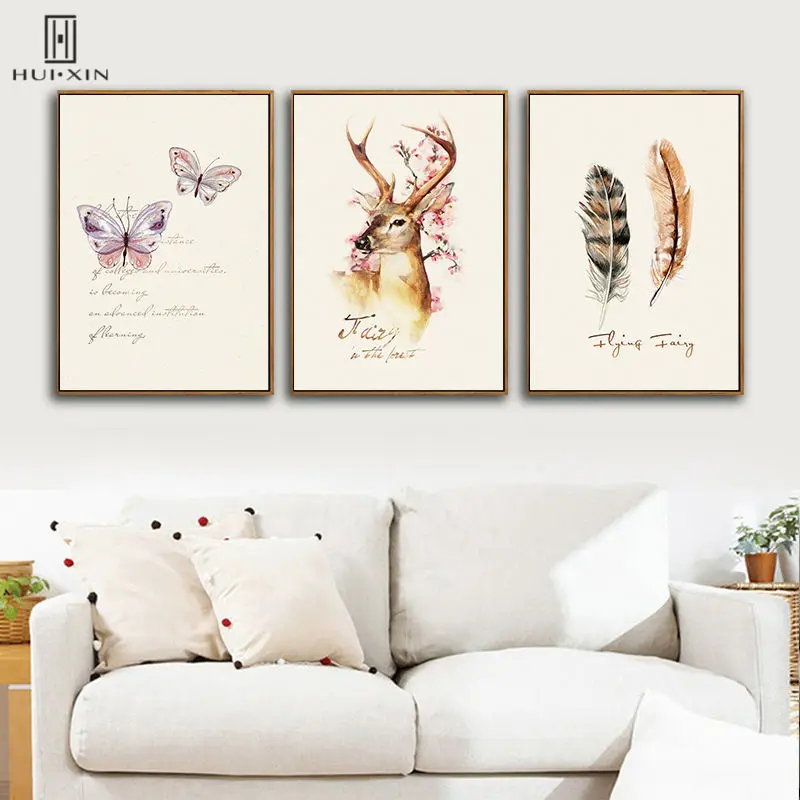 

American Drawing Style Paintings Varicolored Butterfly Deer Feathers Decorative Wall Art Posters On Canvas For Home Decor