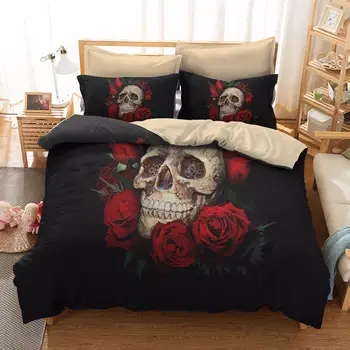 

3D Halloween king size Bedding Set Skull Bedding Set Red flower Duvet Cover Set Twin Queen Sugar Skull Halloween Bedding bed set