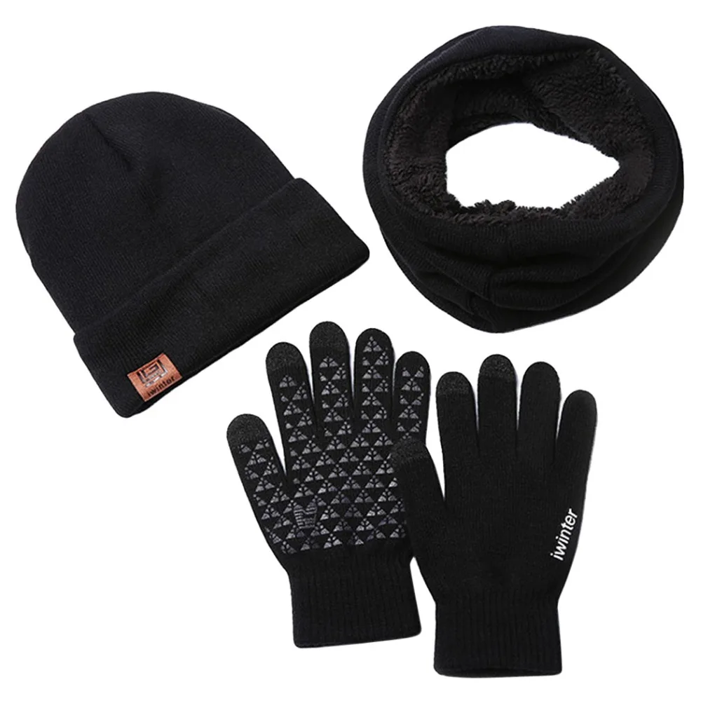1 Set Lover Hat and Mittens Sets Knitted Men Hat Scarf Gloves Solid Hat