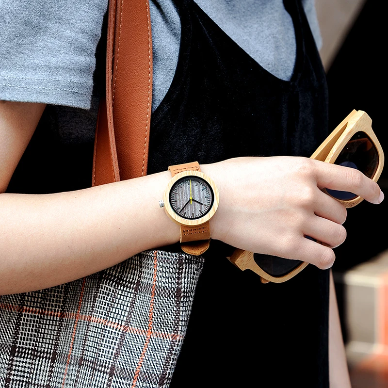 

BOBO BIRD Casual Style Wood Watch Ladies Dress Timepiece with Yellow Second Hand Brown Leather Band Accept Customize Gift J-Q04