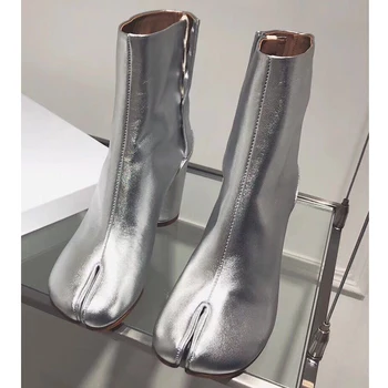 

Split Toe Slip-on Fashion Boots Woman Ankle Boots Genuine Leather Shiny Shoes Luxury Hook Loop High Heels