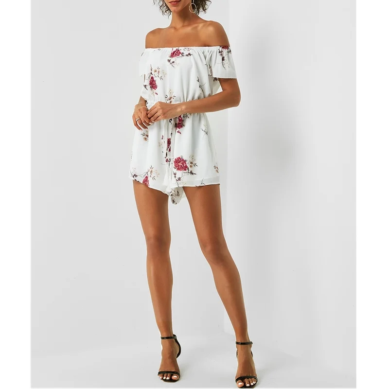 Для женщин Дамская Мода белый цветочный принт комбинезон с открытыми плечами Drawstring талии Лето 2019 г. пляжный костюм короткие штаны