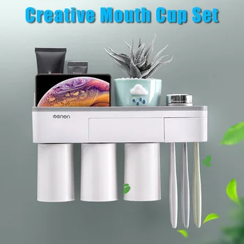 

Magnetic Toothbrush Holder Toothpaste Storage Set with Dustproof Cover Upside Down Drain No Drill YU-Home