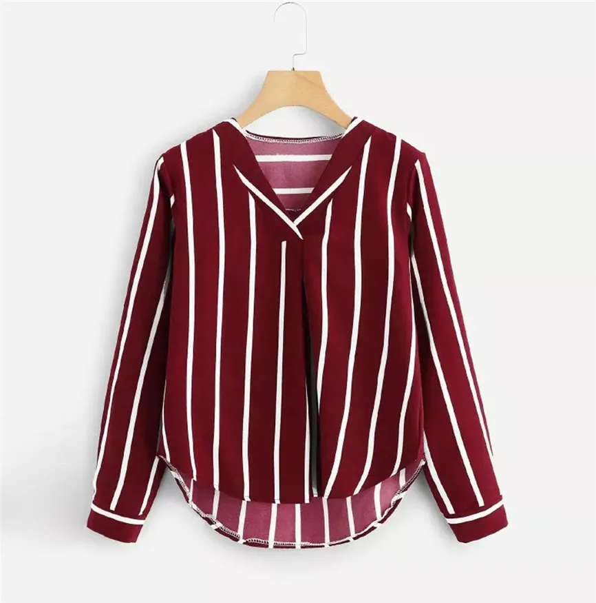 Blouse et Chemisier Femme Women Casual Autumn Long Sleeve V Neck Irregular Stripe Shirt Blouse Lady Shirt Elegant Top - Цвет: Red