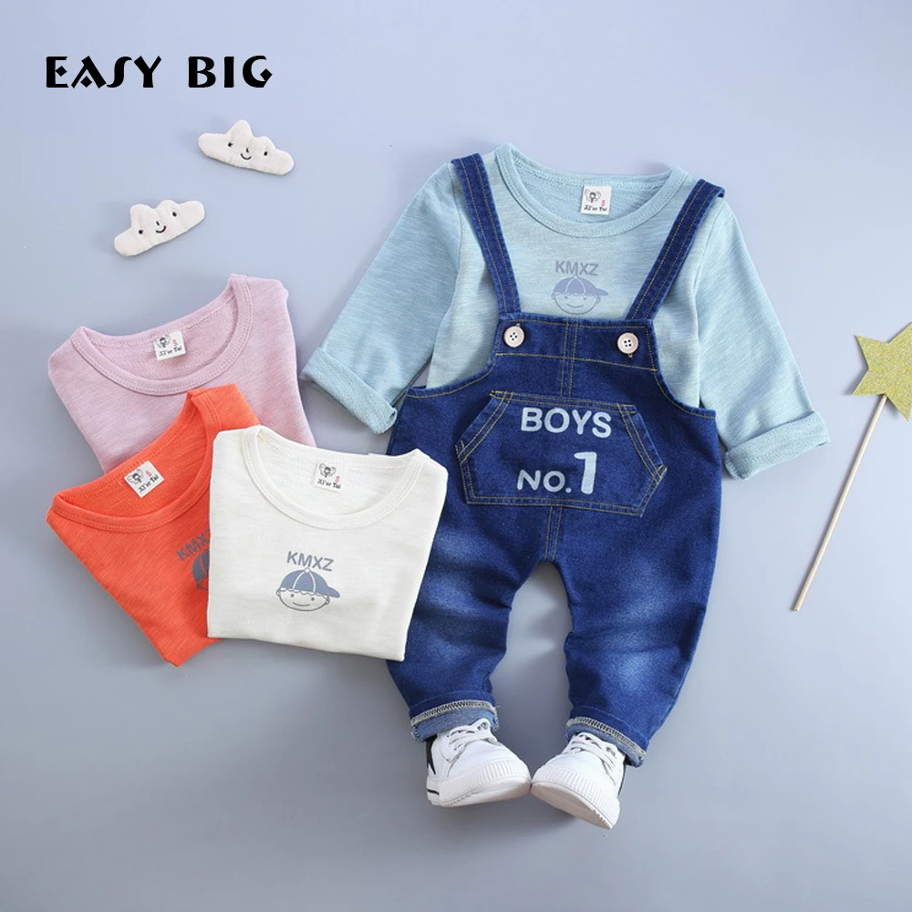 

EASY BIG 2017 Spring Cowboy Style Children's Sets 100% Cottons Boy Cute Overalls+T-shirts Kids Top Clothes Sets CC0031