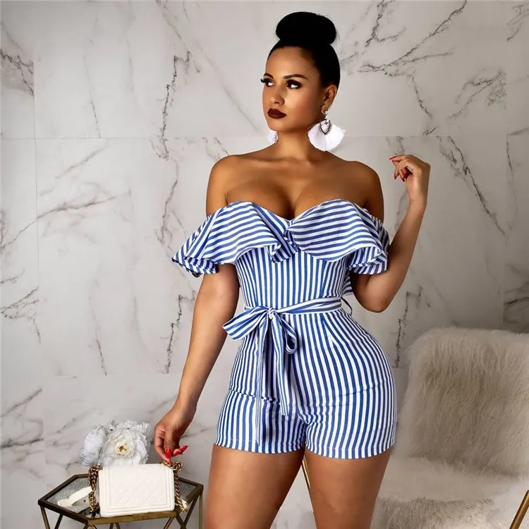 

2019 New Off Shoulder Ruffles Striped Rompers Women Slash Neck Bow Sexy Jumpsuits Playsuit Casual Overalls