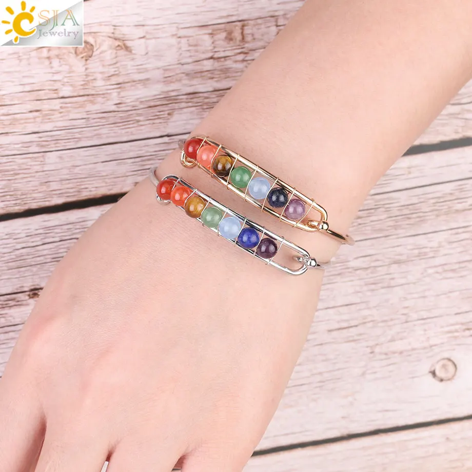 

CSJA Natural Stone 7 Chakra Bangle Gold Silver Color Copper Open Cuff Bangles for Women Charm Pulsera Fashion Jewelry Gifts G097