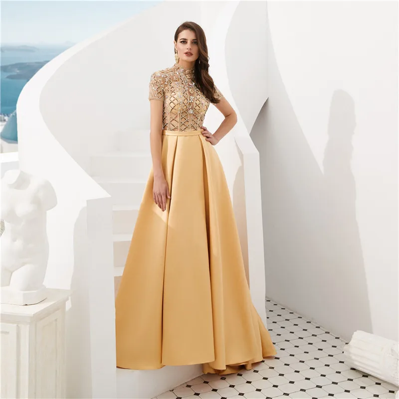 Золотые вечерние платья modabelle Vestido Elegante Mujer De Noche с высоким воротником атласное
