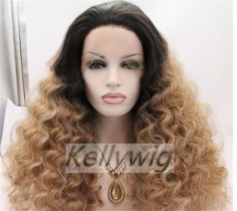 

Free Ship Glueless Lace Front Wig Length 16"-28" Ombre Color 1B/Brown Curly Heat Resistant Hair Full Wig Meidum Cap