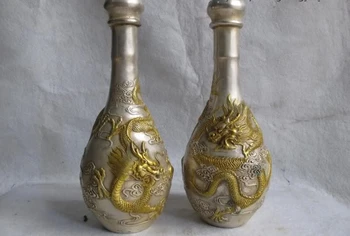 

Chinese White Copper Bronze Silver Gilt Two Dragon Play Bead Royal Pot Vase Pair