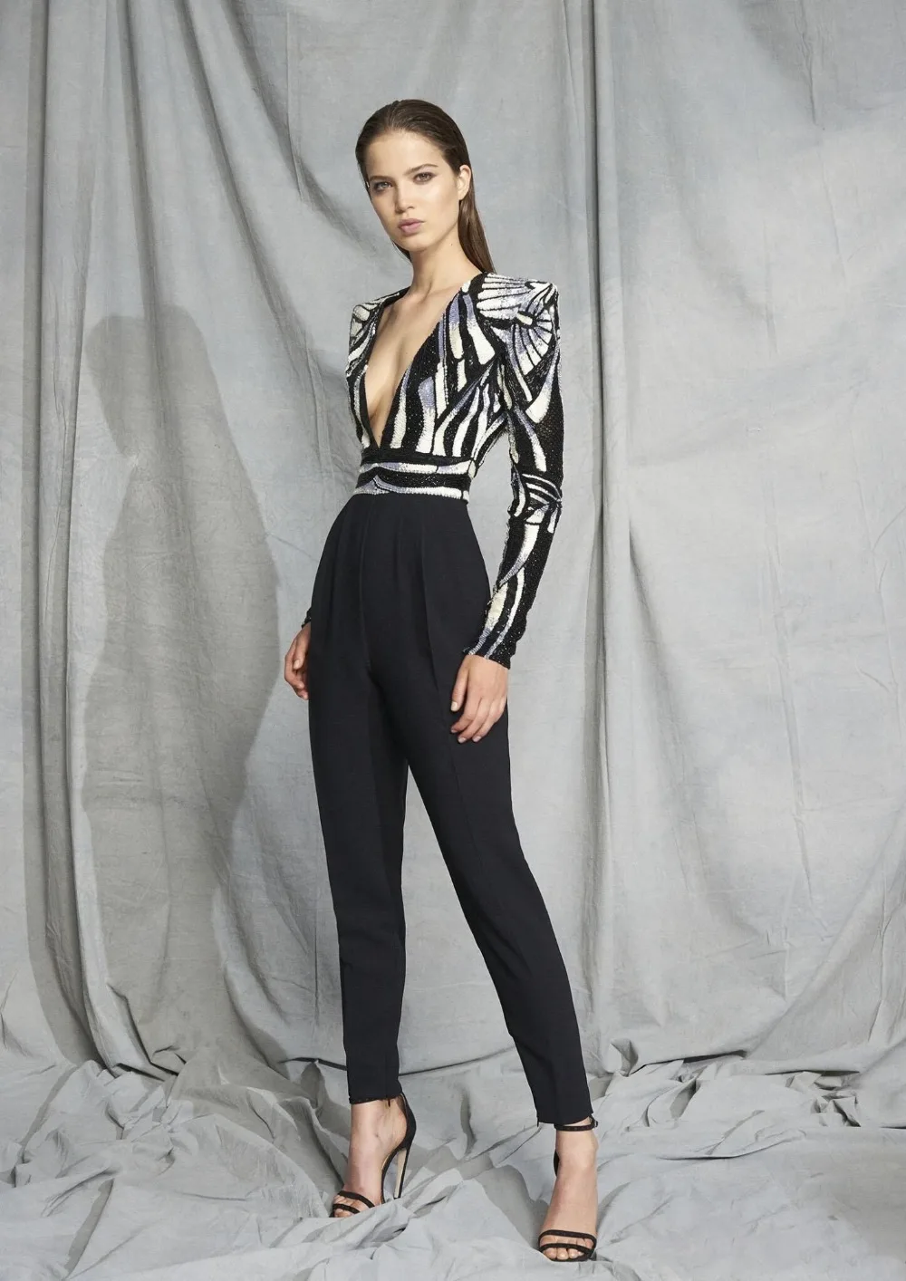 

2018 Jumpsuit black white Long Sleeve V-Neck Sequined Women Full Length vestido Celebrity bodycon party Bandage Jumpsuits