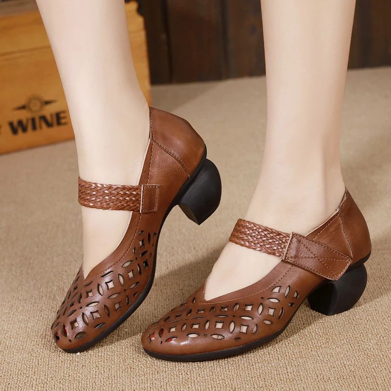 

Comfortable Retro High Quality of Handmade Womens Shoes Spring/Summer Full Grain Leather Cut-Outs hoof heels Mary Janes Pumps
