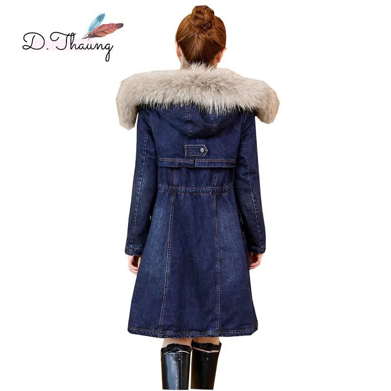 

Winter Jacket Women 2019 New Plus Velvet Mid-Long Thick Female Denim Jacket Large Size Hooded Fur Collar Ladies Parkas Cw648