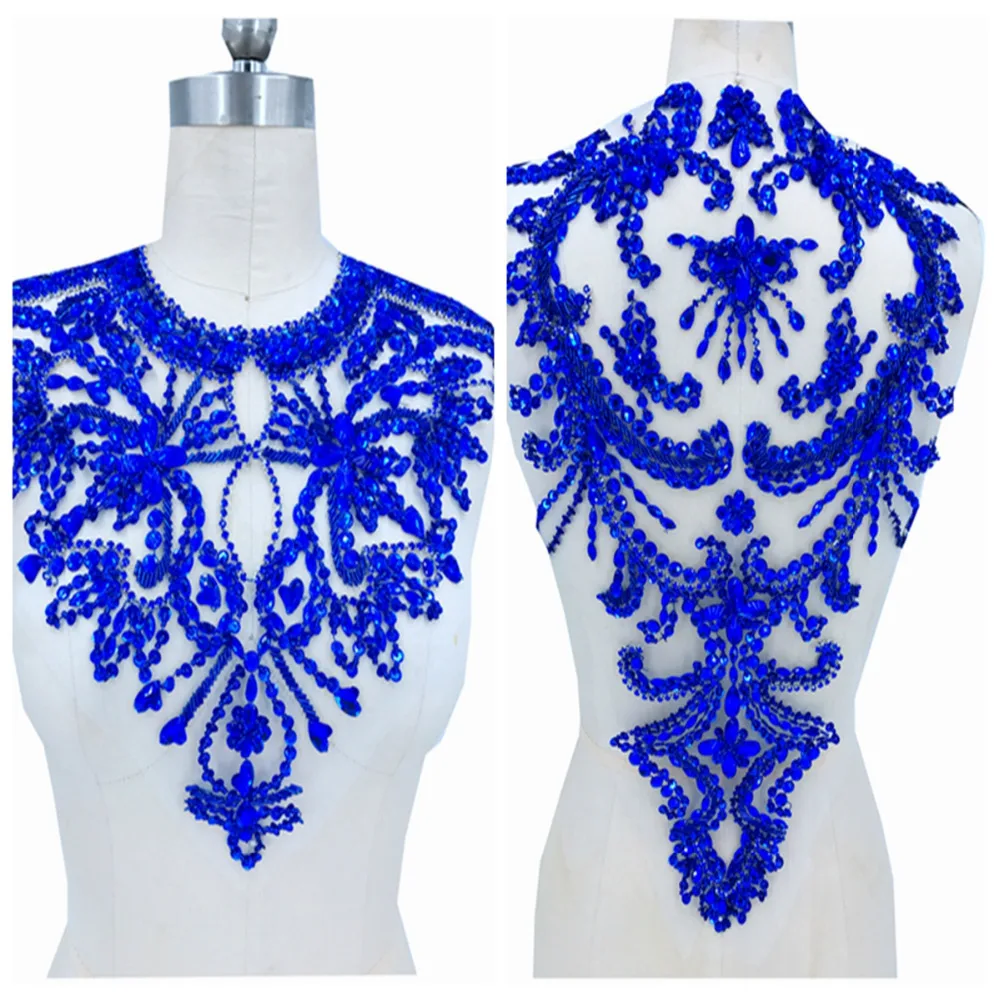 

handmade royalblue rhinestones patches on mesh sew on crystals applique 34*41cm*52*32cm for dress accessories