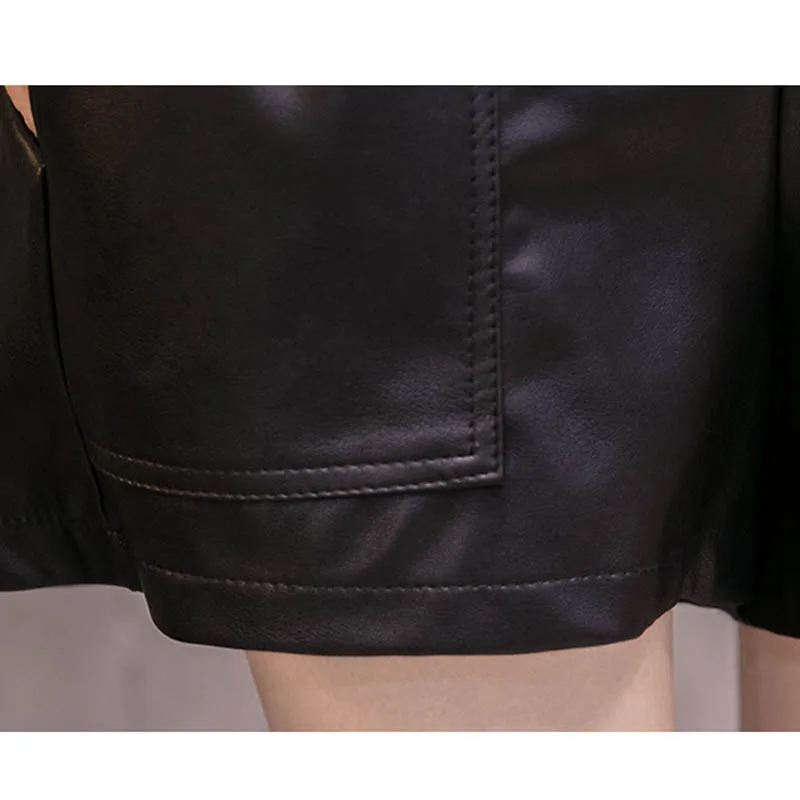 NORMOV 2019 осень зима женские шорты из полиуретана средняя талия кожа Широкие тонкие ленты черные офисные женские винтажные шорты женские