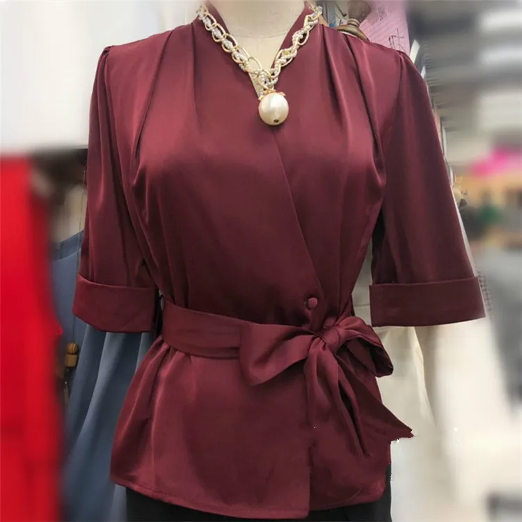 Blusa Limited Zanzea Новая женская рубашка с поясом и повязкой для пригородных семиточечный рукав v-образный вырез женские топы и блузки