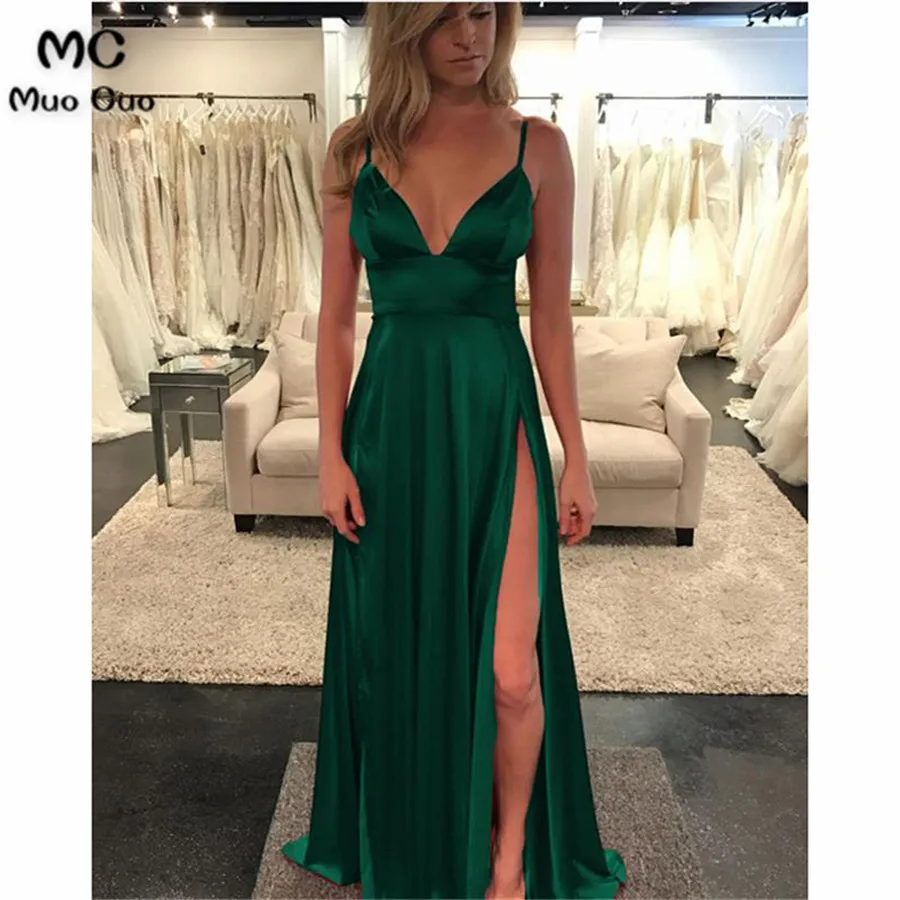 A-line V-neck Long Satin Evening Dresses Split Prom Gowns 2018