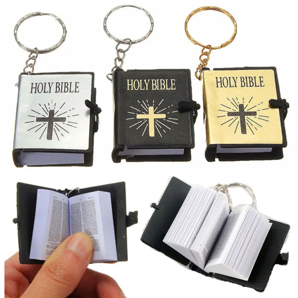 

Cute Mini English HOLY BIBLE Keychains Religious Christian Cross Keyrings Women Bag Gift Souvenirs