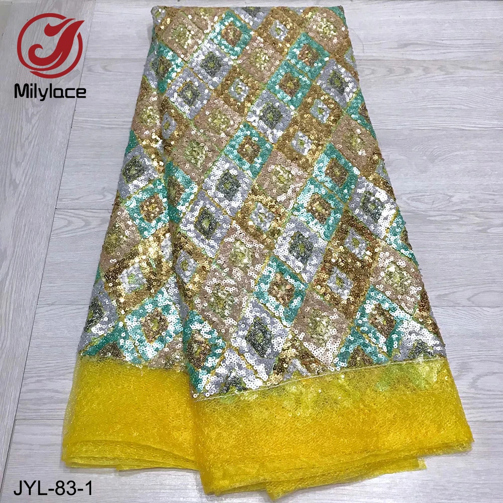 African Lace Fabric 5 Yards Colorful Sequin Mesh Lace Fabric Geometric