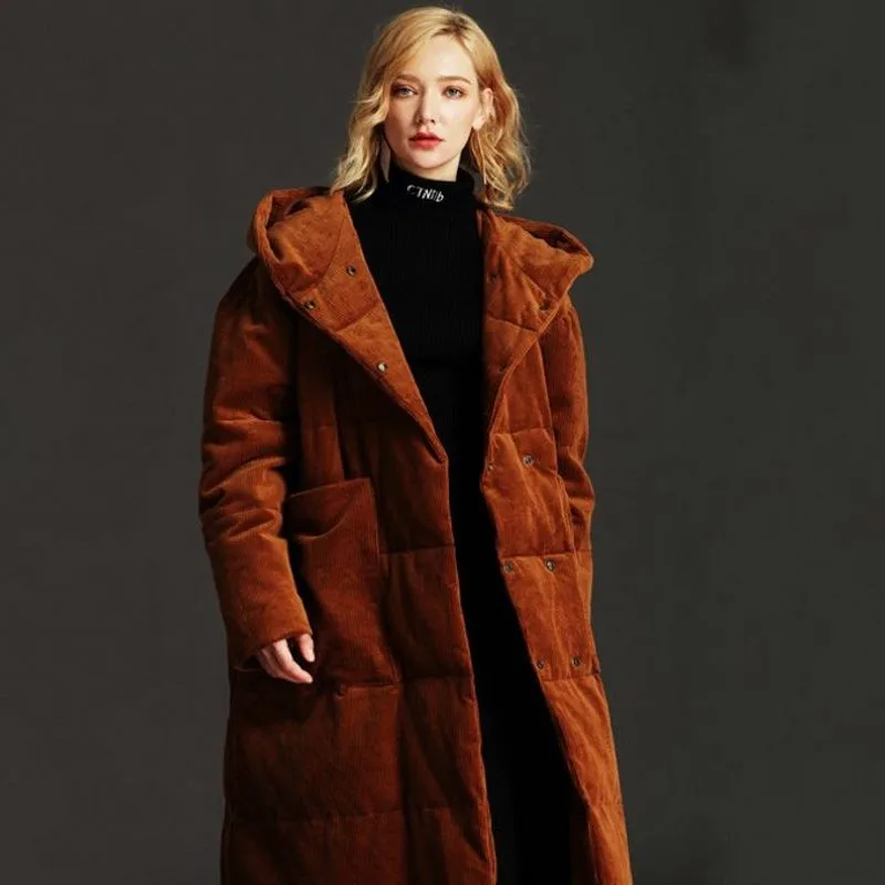 

New Hooded Corduroy Down Coat Female Winter Thick Warm Plus Long Duck Down Jacket Women Oversize 5XL Brand Outerwear Ladies 2019