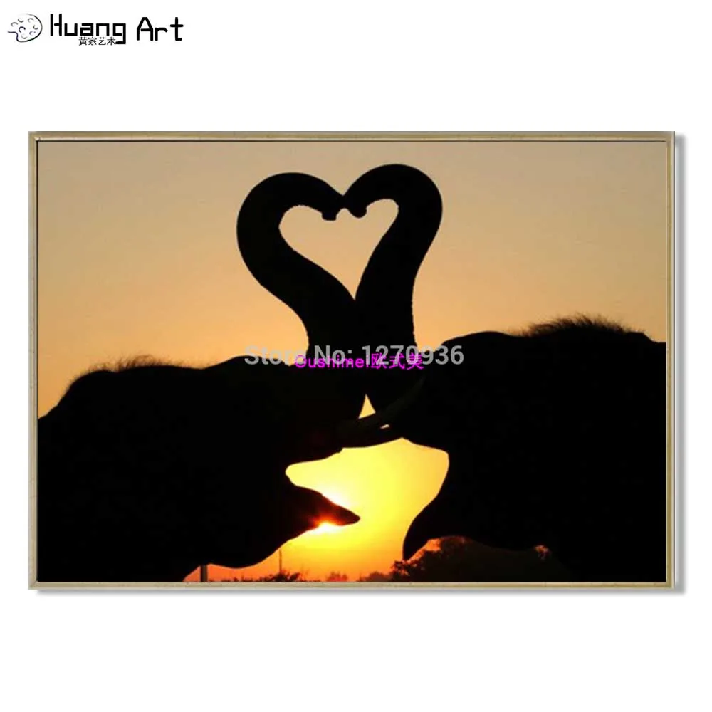 

Skill Painter Handmade Two Elephant Kiss Like Swan Sunrise Landscape Oil Painitng on Canvas for Living Room Decor Modern Animal