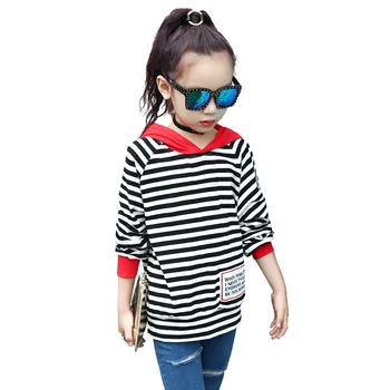 

Spring Children T-shirts for Girls Long Sleeve Hooded Striped Tops Casual Teenager Clothing Kids Girl Clothes for 5-13Y