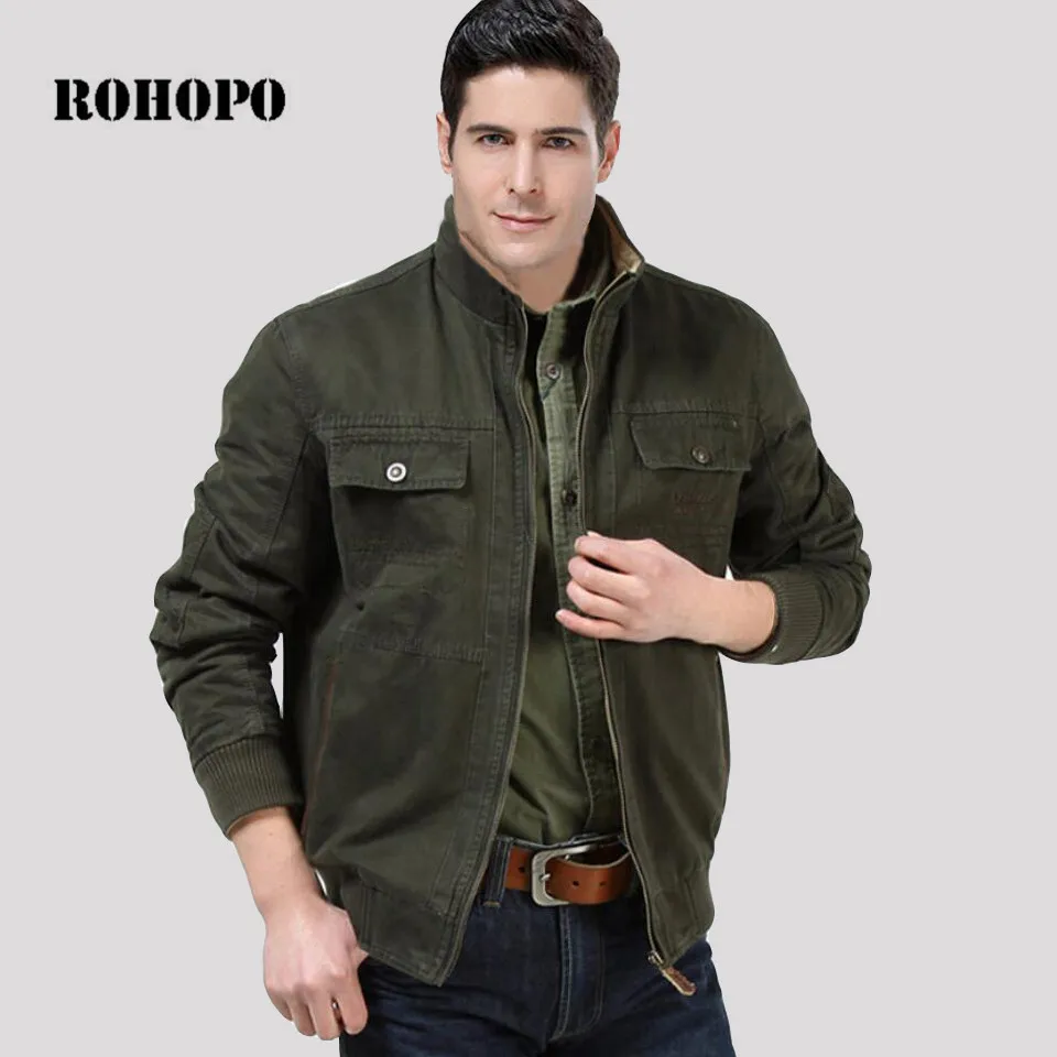 

ROHOPO Jacket Cotton Man Sided Thick 100% Cotton Jacket Casual Nature Cotton Bomber Chest pocket Motorcycle Tooling Jackets Coat