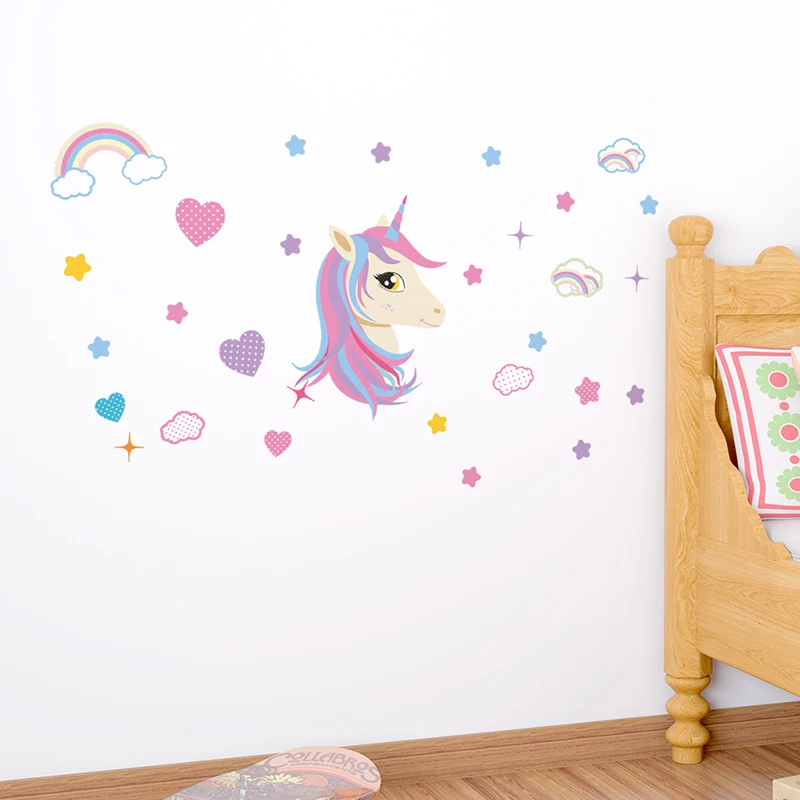Cute Unicorn Rainbow Stars For Girls Room Decoration Accessories Home PVC Wall Decor Living Room Kids Room Mural Art DIY Decals