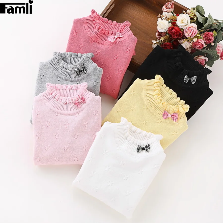 

Famli Girls Casual Solid Sweaters Autumn Winter Kids Knitted Bow Full Sleeve Sweater Pullover Children Cardigan Tops