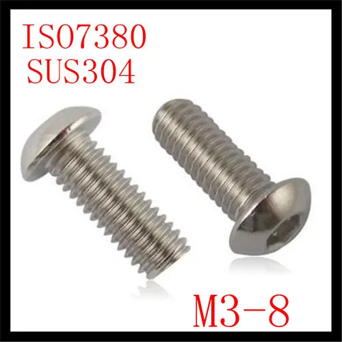 

200pcs/lot Stainless Steel 304 ISO7380 M3*8 Hexagon Socket Button Head Screws