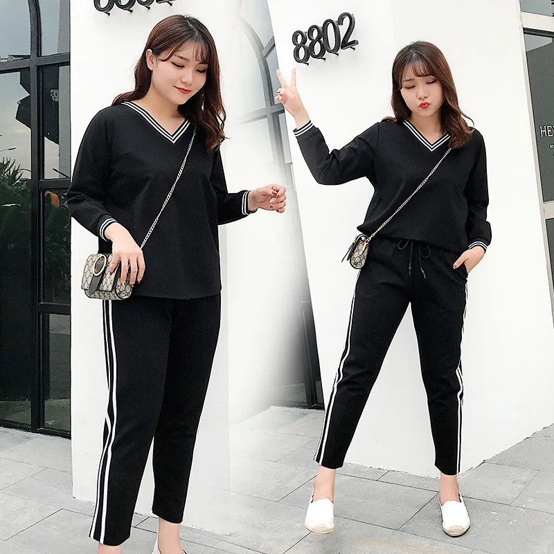 2018 Taille La Hiver Grande 3xl Xxl Femme 2 Femmes Plus Vêtements 4xl Automne Ensemble Costume Pantalons Pcs De Noir Et Tops Iqntw8xF