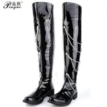 Модные черные мотоциклетные ботинки мужские сапоги выше колена из лакированной кожи 66 см для танцев на шесте очаровательные мужские сапоги на молнии с цепочкой, размеры 38-44