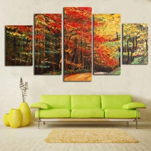 Modern Home Wall Art Decor Unframed Modular Pictures 5 Pieces Red Maple Tree Woods Autumn Scenery