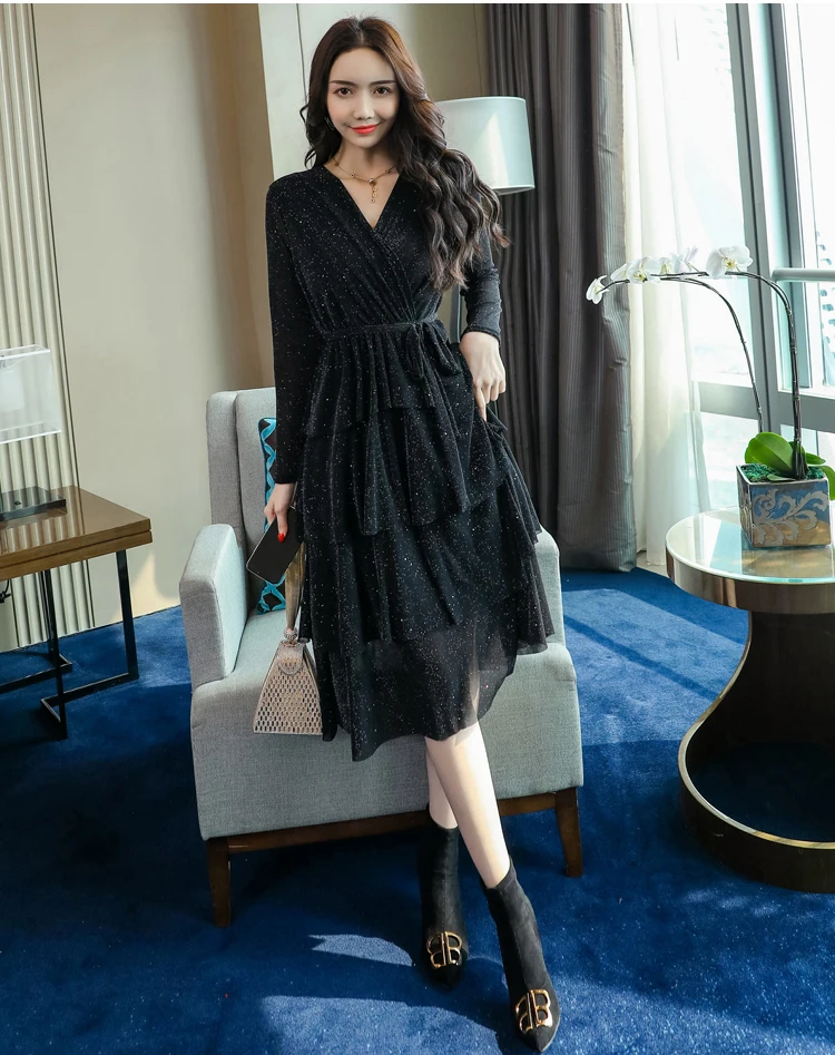Новое поступление платья Горячая Распродажа женское модное платье с длинным рукавом в Корейском стиле приталенное черное Сетчатое блестящее платье