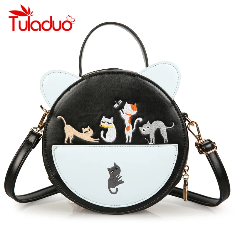 

Embroidery Women Bags Cat Ear Round Crossbody Bag Mini PU Leather Shoulder Bag Female Purse and Wallet Handbag 2018 New Style